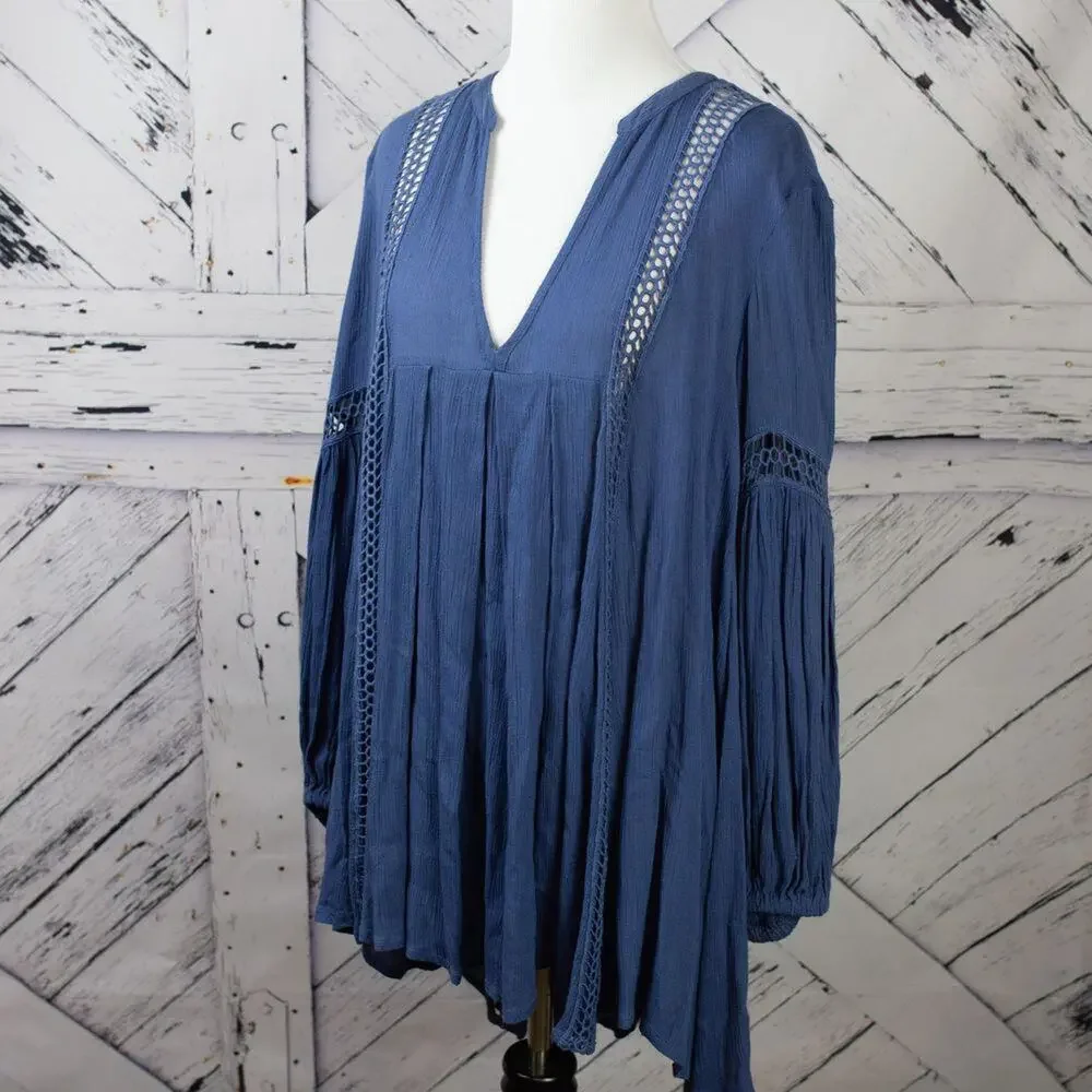 Free People Blue Just The Two Of Us Tunic Long Sleeve Hi-Lo Boho Mini Dress XS
